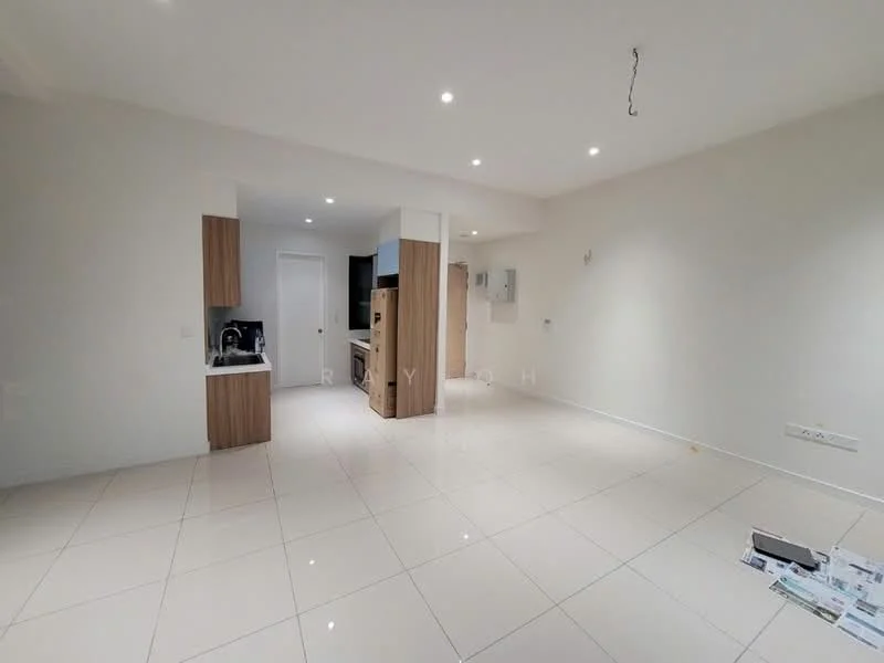 Room features: white painted walls, glossy ceramic tile flooring, recessed downlights, kitchen cabinetry with wood finish, built-in appliances, wall-mounted air conditioning unit, open layout, neutral color scheme; style: modern.
