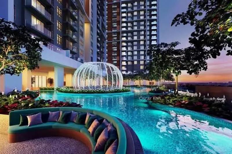 Exterior type: high-rise condominium; features: infinity pool, pool deck with loungers, landscaped garden with tropical plants, water feature with dome structure, surrounding greenery, night lighting, modern seating area, city skyline view in background; style: modern.