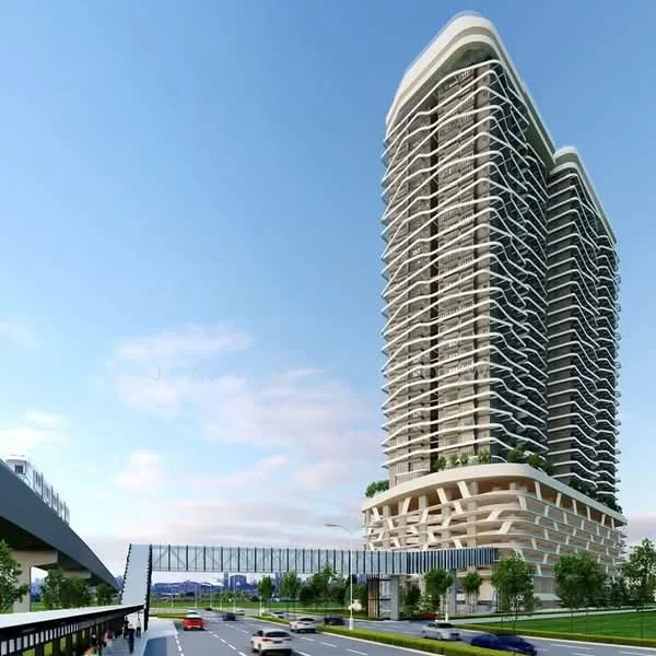 Exterior type: high-rise condominium; features: glass curtain wall, white painted facade, projecting balconies, landscaped terrace, multiple storeys, surrounded by greenery, pedestrian walkway, urban context with road access; style: modern.