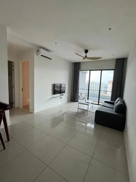 Living features: grey fabric sofa, glass coffee table, wall-mounted TV, white painted walls, white ceiling, 5-blade ceiling fan with light, floor-to-ceiling windows, sliding glass door, tile flooring, curtains, balcony view; style: modern; view: city. Room features: white painted walls, tile flooring.