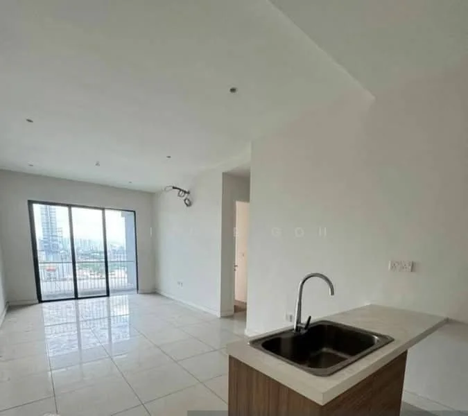 Kitchen features: single-bowl stainless-steel sink, chrome pull-down faucet, white painted walls, tile flooring, recessed downlights, floor-to-ceiling windows, sliding glass door, open layout, city view; style: modern; view: city. Living features: white painted walls, tile flooring, recessed downlights, floor-to-ceiling windows, sliding glass door, open layout, city view; style: modern; view: city.