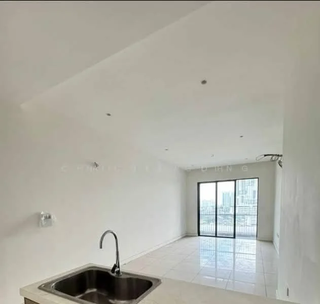 Living features: white painted walls, tile flooring, floor-to-ceiling windows, sliding glass door, single-bowl stainless-steel sink, chrome pull-down faucet, recessed downlights, open layout; style: modern; view: city.