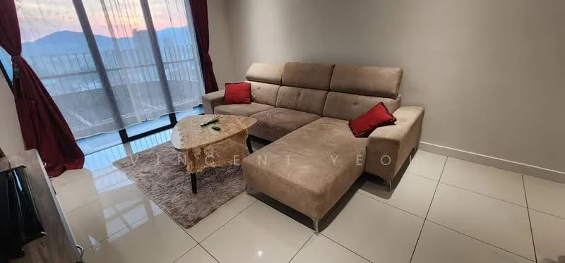 Living features: L-shape sectional sofa in beige, red accent cushions, glass coffee table with lace tablecloth, floor-to-ceiling windows, sheer curtains, tile flooring, mountain view visible through windows, decorative wall with neutral paint; style: modern; view: mountain.