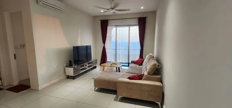 Living features: beige L-shape sectional sofa, red accent pillows, glass coffee table, wall-mounted TV, TV console in white, floor-to-ceiling windows, sheer curtains, recessed downlights, white painted walls, tile flooring, ceiling fan; style: modern; view: city.