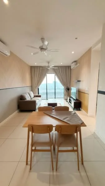 Living features: 3-seater fabric sofa in beige, ceiling fan with light, floor-to-ceiling windows, curtains, TV console, wall-mounted TV, area rug, light-colored tiled flooring, decorative wall paneling, dining table with 4 wooden chairs; style: modern; view: city.