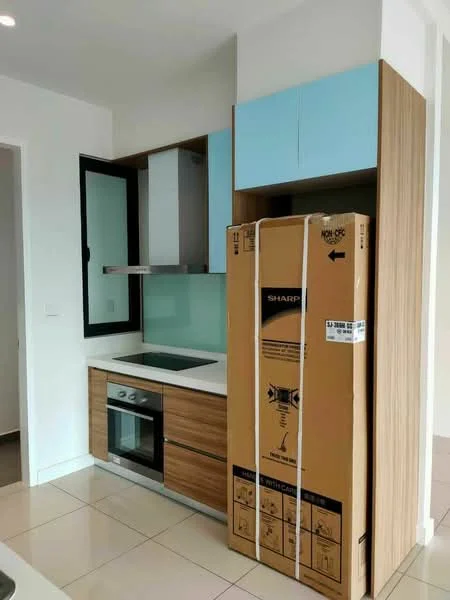Kitchen features: white quartz countertop, wood cabinetry with brown finish, blue upper cabinets, built-in oven, stainless-steel range hood, glass backsplash, ceramic tile flooring, single-bowl stainless-steel sink, 4-burner gas hob, window with black frame, packaged appliance in box; style: modern.