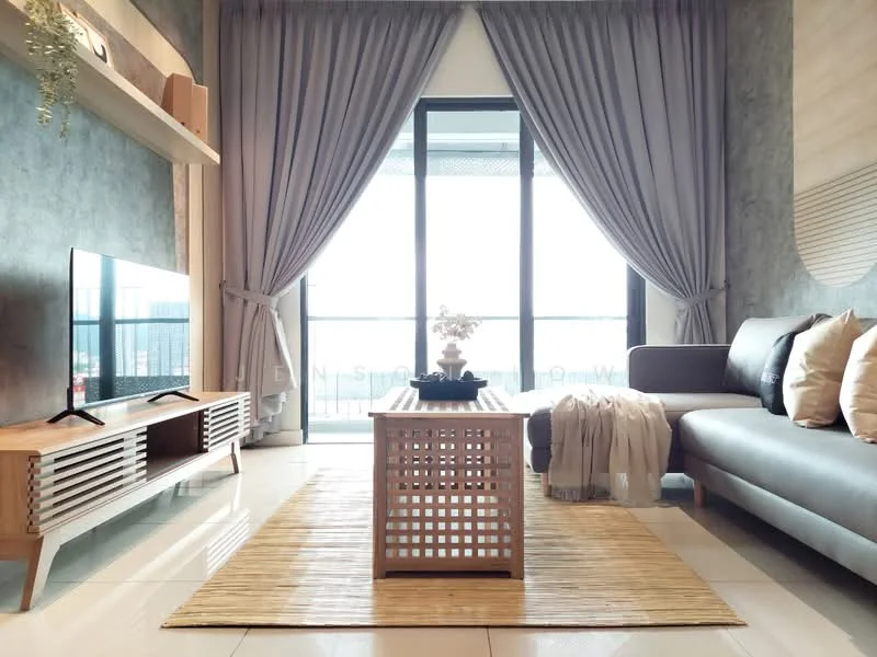 Living features: grey fabric sectional sofa, wooden coffee table, woven area rug, TV console with wooden slats, floor-to-ceiling windows, sheer curtains, dark grey accent wall, decorative plant on coffee table, throw blanket on sofa, decorative cushions; style: modern; view: city.