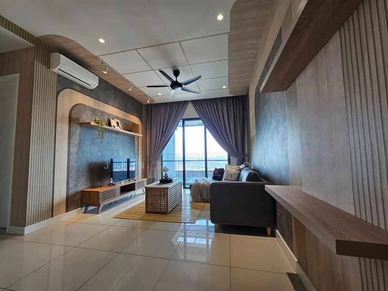 Living features: grey fabric sofa, wooden coffee table, TV console, wall-mounted TV, decorative wall shelf, recessed lighting, 5-blade ceiling fan, floor-to-ceiling windows, curtains, cream tiled flooring, wood panel accent wall, decorative plants; style: modern; view: city.