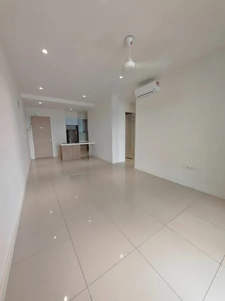 Living features: white painted walls, polished ceramic tile flooring, recessed downlights, ceiling fan, wall-mounted split AC, open layout, kitchen island visible, neutral color palette; style: modern.