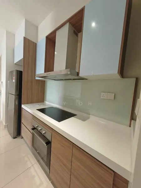 Kitchen features: stainless-steel fridge, built-in oven, 4-burner gas hob, white quartz countertop, glass backsplash, wood cabinetry with light blue accents, under-cabinet lighting, drawer storage, open shelving, recessed downlights, tile flooring; style: modern.