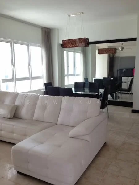 Living features: white leather sectional sofa, marble tile flooring, large floor-to-ceiling windows, sheer curtains, chandelier with decorative design, wall-mounted mirror, dining table with black chairs, neutral wall color; style: modern.