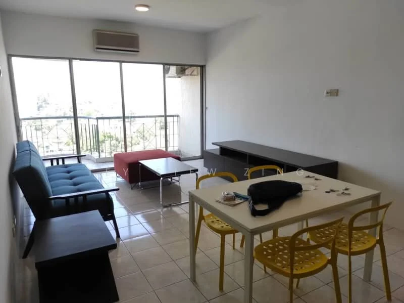 Living features: 3-seater fabric sofa in blue, red ottoman, black coffee table, white dining table, 4 yellow dining chairs, wall-mounted air conditioning unit, floor-to-ceiling windows, sliding glass door, tile flooring, white painted walls, TV console, decorative items on table; style: modern; view: garden.