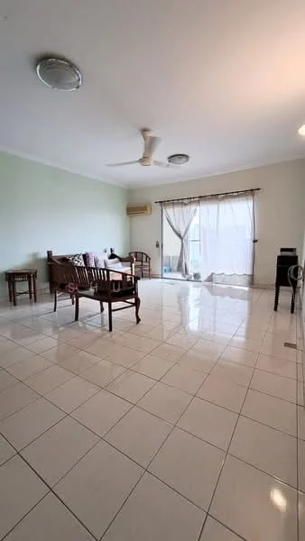 Living features: white painted walls, glossy ceramic tile flooring, 5-blade ceiling fan with light, floor-to-ceiling sliding glass door, sheer curtains, 2 wooden armchairs, wooden coffee table, wall-mounted air conditioning unit, decorative throw pillows, area rug; style: modern.