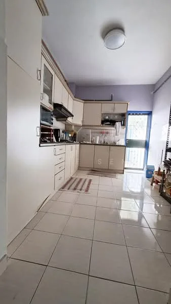 Kitchen features: white cabinetry with glass-front upper cabinets, black countertop, stainless-steel sink, chrome pull-down faucet, built-in oven, freestanding range oven, microwave, ceramic tile flooring, recessed ceiling light, window with blue frame, kitchen rug, open shelving, wall-mounted storage rack; style: modern.