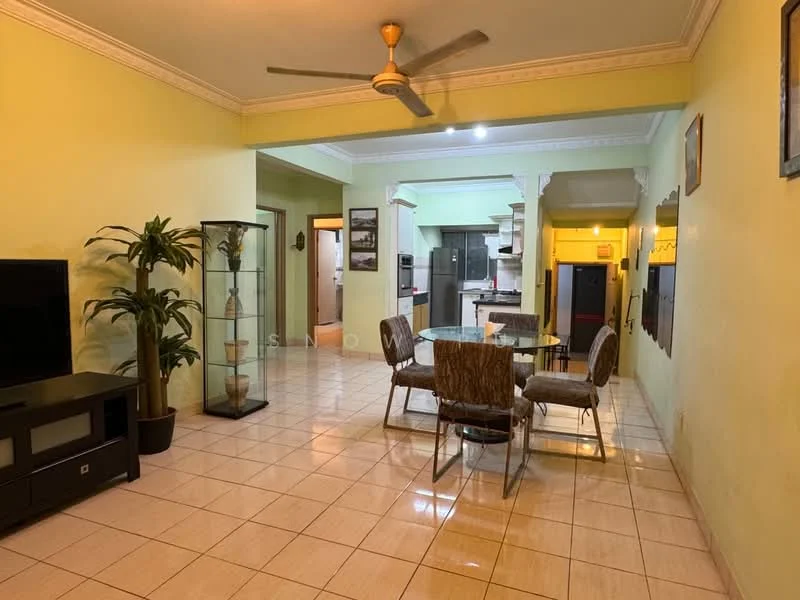 Living features: cream painted walls, white ceiling with crown moulding, ceramic tile flooring, 5-blade ceiling fan, large glass display cabinet, dining table with four chairs, sofa, TV console, wall-mounted TV, decorative wall art, indoor plant; style: traditional. Kitchen features: open-plan layout, kitchen island, stainless-steel fridge, built-in oven, freestanding range oven, ceramic tile flooring; style: traditional.