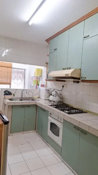 Kitchen features: green cabinetry, white tiled backsplash, white tiled flooring, single-bowl stainless-steel sink, chrome pull-down faucet, built-in oven, 4-burner gas hob, exhaust hood, window with security grille, countertop space, wall-mounted shelving; style: modern.