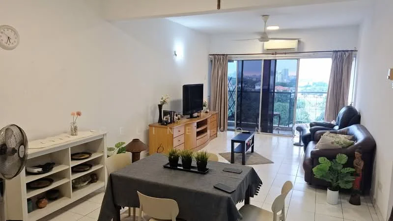 Living features: floor-to-ceiling windows, sliding glass door, curtains, 3-seater leather sofa, coffee table, TV console, wall-mounted TV, ceiling fan, dining table with chairs, decorative plants, wall clock, tile flooring, white painted walls; style: modern; view: city.