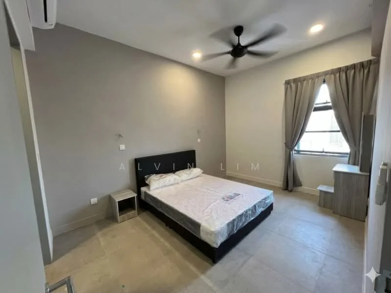 Bedroom features: king-size bed, upholstered headboard, 2 bedside tables, ceiling fan, window with sheer curtains, grey painted walls, tile flooring, recessed downlights; style: modern.