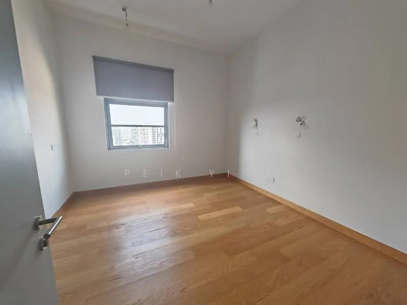 Room features: light wood flooring, white painted walls, single window with roller blinds, no visible furniture, minimalist design, ceiling light fixture, two wall-mounted electrical outlets; style: minimalist; view: city.