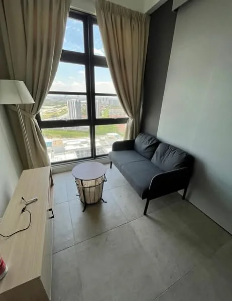 Living features: floor-to-ceiling windows, grey fabric sofa, round coffee table, light-colored curtains, light grey walls, stone tile flooring, TV console, decorative items on console; style: modern; view: city.