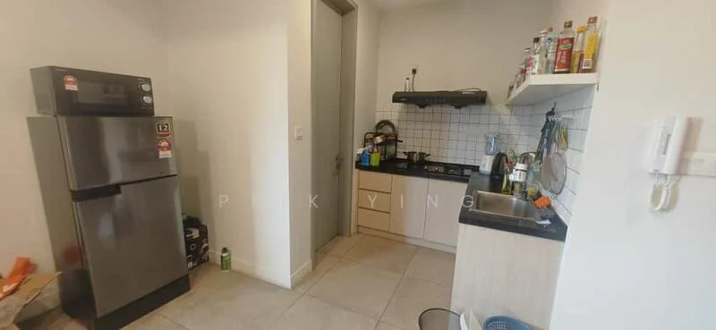 Kitchen features: stainless-steel fridge, built-in kitchen cabinets, black countertop, white tiled backsplash, gas stove with exhaust hood, sink with faucet, ceramic tile flooring, wall-mounted kitchen shelf, various condiments and cooking utensils, light-colored walls; style: modern.