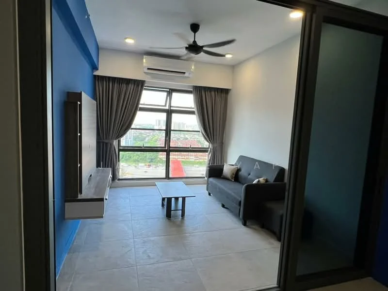 Living features: grey fabric sofa, wooden coffee table, wall-mounted TV, floor-to-ceiling windows, curtains, ceiling fan, air conditioning unit, light grey tiled flooring, blue accent wall, white painted walls; style: modern; view: city.