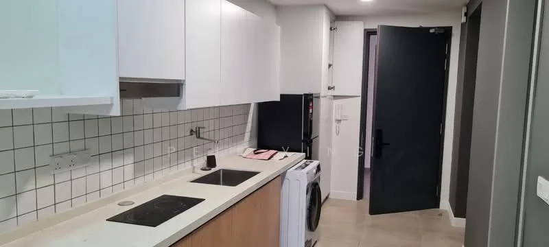 Kitchen features: white cabinetry, black countertop, double-bowl stainless-steel sink, chrome pull-down faucet, built-in oven, freestanding fridge, front-load washing machine, ceramic tile flooring, white tiled backsplash, recessed downlights, sliding door, open shelving; style: modern.