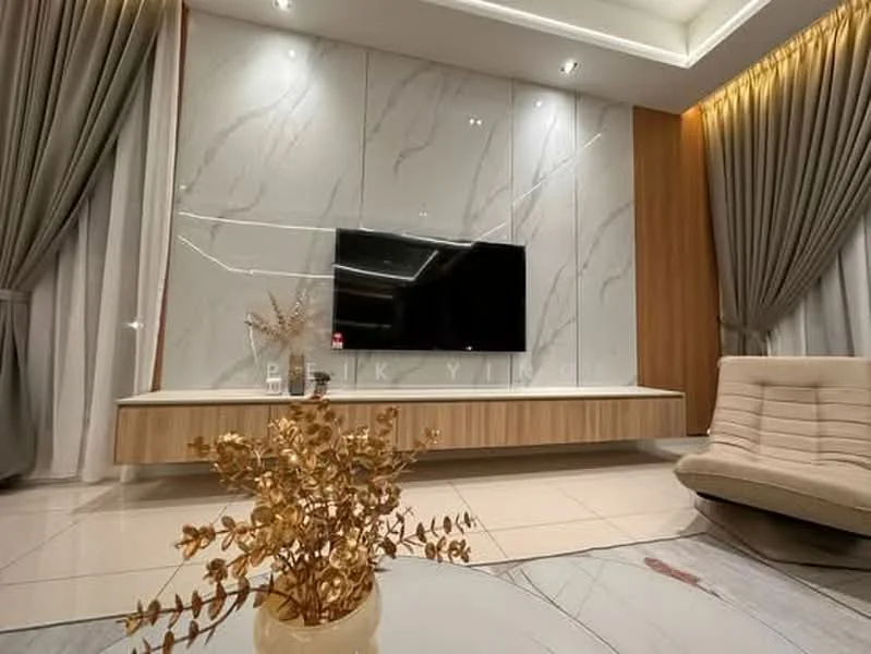Living features: marble accent wall, wooden TV console, wall-mounted TV, recessed ceiling lights, tray ceiling, floor-to-ceiling curtains, neutral-toned armchair, decorative plant arrangement, ceramic tile flooring; style: modern.