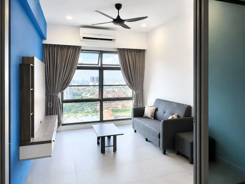 Living features: grey fabric 3-seater sofa, wooden coffee table, wall-mounted TV console, floor-to-ceiling windows, grey curtains, white painted walls, blue accent wall, recessed downlights, 1 wall-mounted split AC, light grey tile flooring, decorative cushion on sofa, city view; style: modern; view: city.