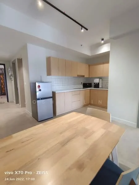 Kitchen features: light wood cabinetry, white tiled backsplash, stainless-steel fridge, built-in microwave, freestanding range oven, single-bowl stainless-steel sink, chrome pull-down faucet, open shelving, table with wooden surface, grey dining chairs, recessed downlights, neutral wall color, light-colored flooring; style: modern.