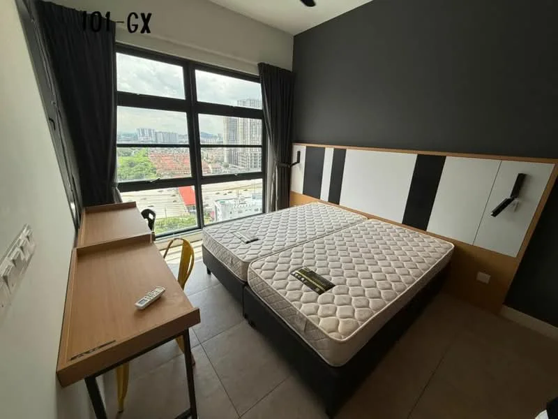 Bedroom features: king-size bed, upholstered headboard, two bedside tables, desk with chair, floor-to-ceiling windows, grey accent wall, light-colored wall panels, tile flooring, curtains, remote control on desk; style: modern; view: city.
