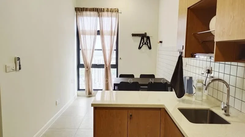 Kitchen features: light wood cabinetry, white tiled backsplash, countertop with integrated sink, single-bowl stainless-steel sink, chrome pull-down faucet, stainless-steel appliances, open shelving, dining table with black chairs, large window with sheer curtains, tile flooring, wall-mounted hooks; style: modern; view: city.