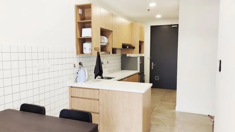 Kitchen features: white tiled backsplash, light wood cabinetry, white countertop, stainless-steel sink, chrome pull-down faucet, built-in oven, freestanding range oven, microwave, kettle, black dining table, black dining chairs, tile flooring, recessed lighting; style: modern.