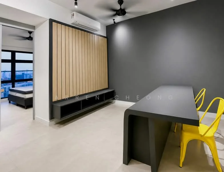 Room features: grey accent wall, light-colored tiled flooring, black dining table, two yellow dining chairs, wood panel feature wall, wall-mounted air conditioning unit, ceiling fan, large window with city view, built-in storage unit, open layout; style: modern; view: city.