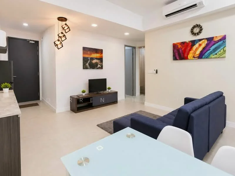 Living features: 3-seater fabric sofa in navy blue, coffee table, wall-mounted TV, TV console, area rug with geometric pattern, pendant light fixture, recessed LED downlights, white painted walls, cream tiled flooring, air conditioning unit, decorative wall art, plant in ceramic pot; style: modern. Room features: white painted walls, cream tiled flooring, doorway leading to bathroom, open layout.
