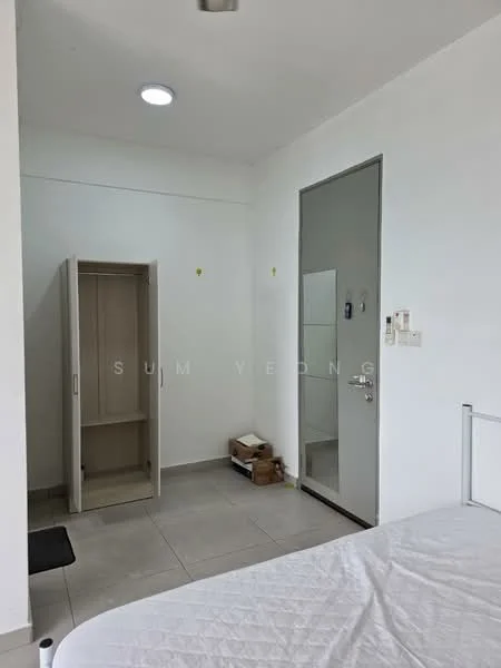 Room features: white painted walls, tile flooring, recessed ceiling light, built-in wardrobe, mirror on door, door with handle, box on floor; style: modern.