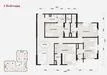 Floor plan: 3-bedroom 2-bathroom unit; features: open-plan kitchen-dining-living, master bedroom with ensuite bathroom, bedroom 2 with shared bathroom, utility room, balcony off living room, central foyer, 2 car porch, 1,200 sqft built-up.