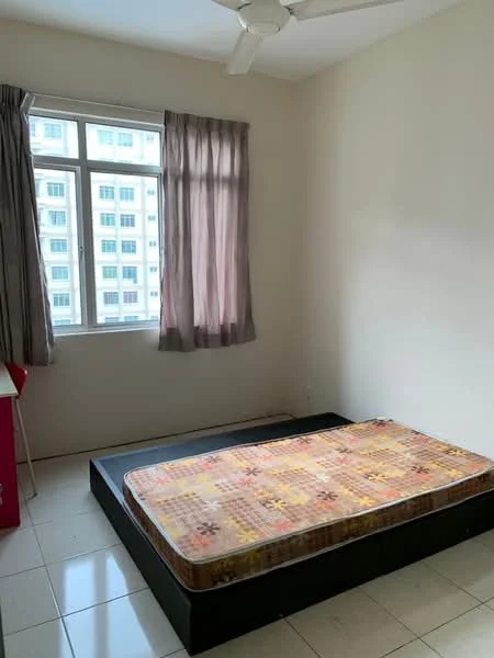 Bedroom features: single bed frame, mattress, floor-to-ceiling window, curtains in light brown, white painted walls, tiled flooring, ceiling fan, built-in wardrobe.