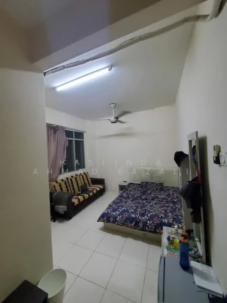 Bedroom features: queen-size bed with floral bedding, sofa with striped upholstery, ceiling fan, window with sheer curtains, white painted walls, tile flooring, nightstand, dressing table with mirror.