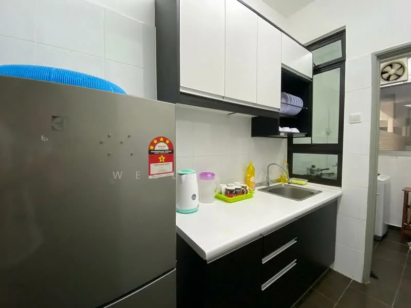 Kitchen features: black and white cabinetry, white countertop, stainless-steel fridge, single-bowl stainless-steel sink, chrome pull-down faucet, built-in cabinets, open shelving, tile backsplash, wall-mounted air conditioning unit, window for natural light, ceramic tile flooring; style: modern.