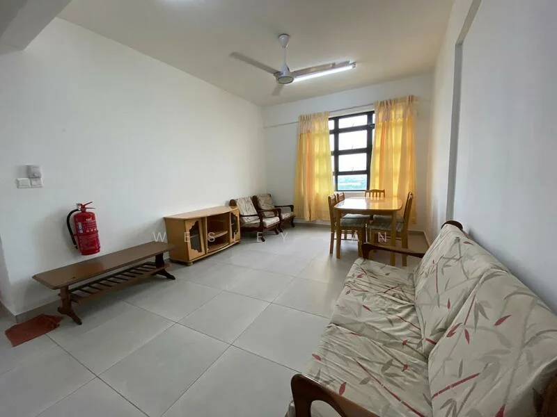 Living features: light-coloured tiled flooring, white painted walls, large window with city view, sheer yellow curtains, 3-seater wooden sofa with floral upholstery, 2-seater wooden sofa, wooden coffee table, wooden dining table with 4 chairs, ceiling fan, fire extinguisher on wall; style: modern; view: city.
