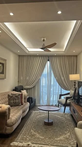 Living features: 3-seater fabric sofa in beige, 2-seater armchair in dark wood, round coffee table with wooden top, area rug with geometric pattern, floor-to-ceiling curtains in light beige, recessed downlights, ceiling fan with 3 blades, wall-mounted TV, decorative artwork on wall, wooden side table with lamp; style: modern; view: city.