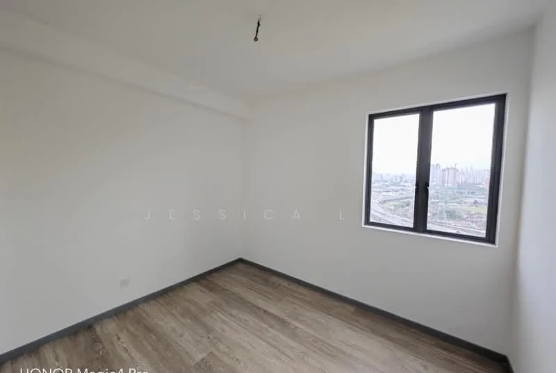 Room features: white painted walls, laminate flooring, floor-to-ceiling window, city view, ceiling light fixture, no built-in storage, neutral color scheme; style: modern; view: city.