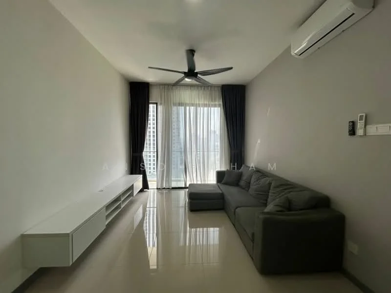 Living features: 3-seater fabric sofa in grey, white TV console with storage, floor-to-ceiling windows, sheer curtains, blackout curtains, 5-blade ceiling fan with light, recessed downlights, polished tile flooring, neutral painted walls, air conditioning unit on wall; style: modern; view: city.