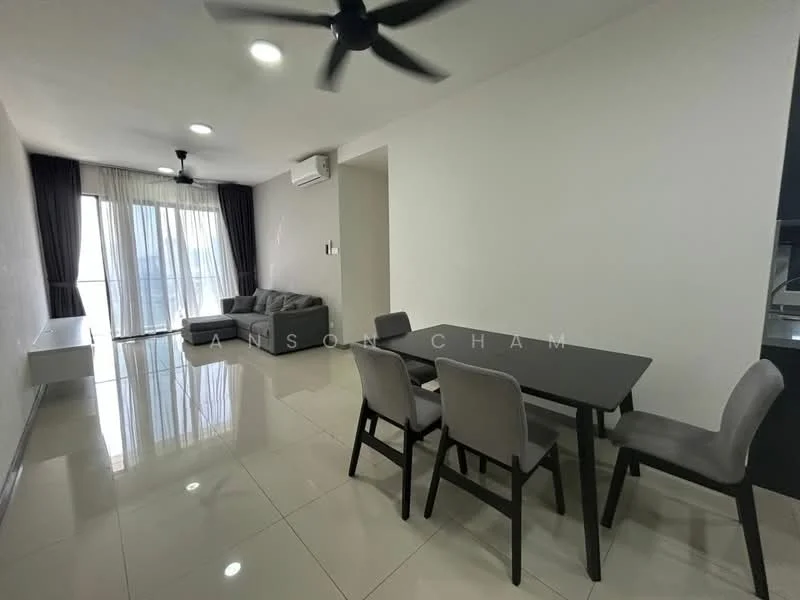 Living features: grey fabric sofa, 4-seater dining table, upholstered dining chairs, floor-to-ceiling windows, sheer curtains, recessed downlights, ceiling fan, glossy tile flooring, white painted walls, air conditioning unit; style: modern.