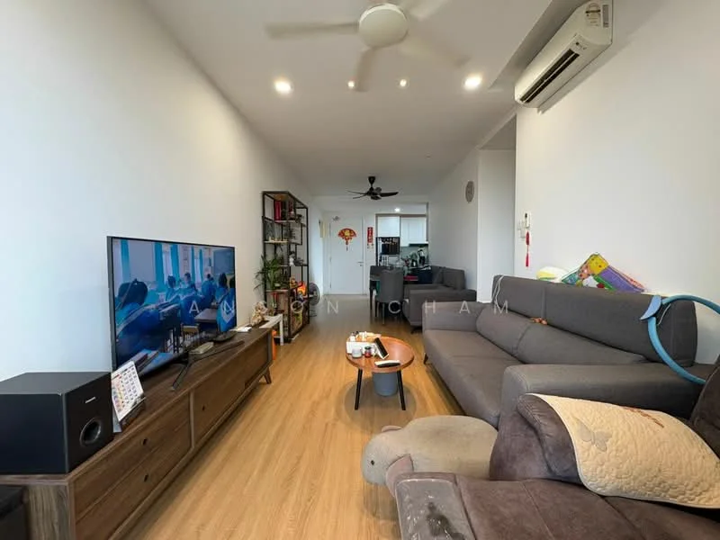 Living features: 3-seater fabric sofa in grey, 2-seater leather sofa, coffee table, wall-mounted TV, TV console, area rug, ceiling fan, wall-mounted air conditioning unit, wooden flooring, decorative wall art, open shelving unit, decorative items on shelves; style: modern.