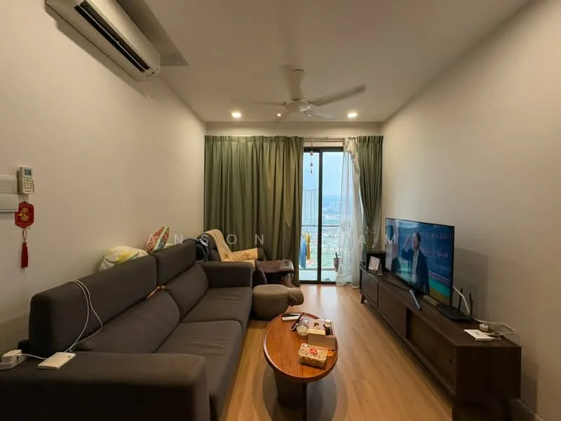 Living features: grey fabric L-shape sectional sofa, wooden coffee table, TV console, wall-mounted TV, floor-to-ceiling windows, sliding glass door, sheer curtains, dark wood flooring, ceiling fan with light, recessed downlights, decorative wall clock, decorative cushions; style: modern; view: city.