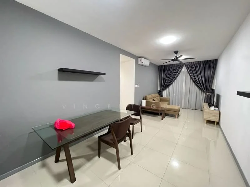 Living features: grey painted walls, white walls, glossy tile flooring, 5-blade ceiling fan with light, sofa in beige, glass dining table, 4 wooden dining chairs, floor-to-ceiling windows with sheer curtains, TV console, wall-mounted TV, decorative wall shelf; style: modern.