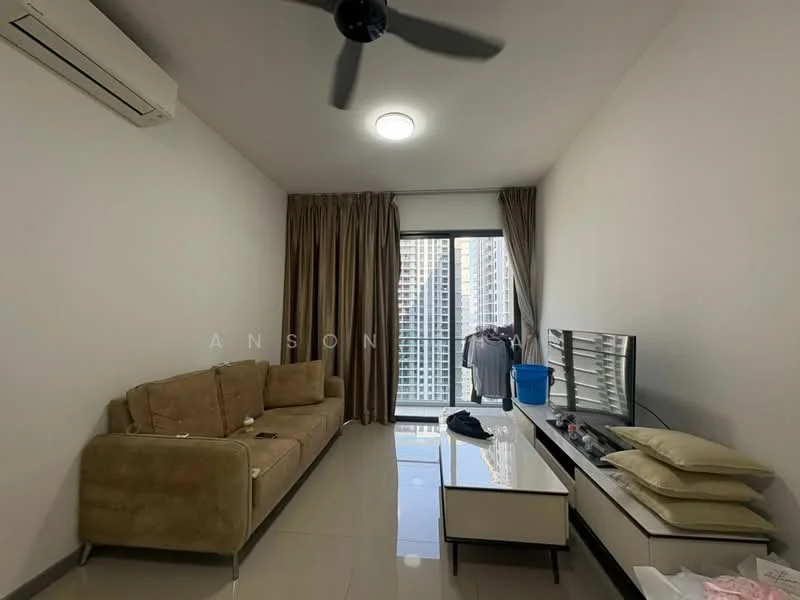 Living features: 3-seater fabric sofa in beige, coffee table with white surface, wall-mounted TV, floor-to-ceiling windows, curtains in light brown, 1 wall-mounted split AC, recessed ceiling light, polished tile flooring, decorative cushions on sofa; style: modern; view: city.