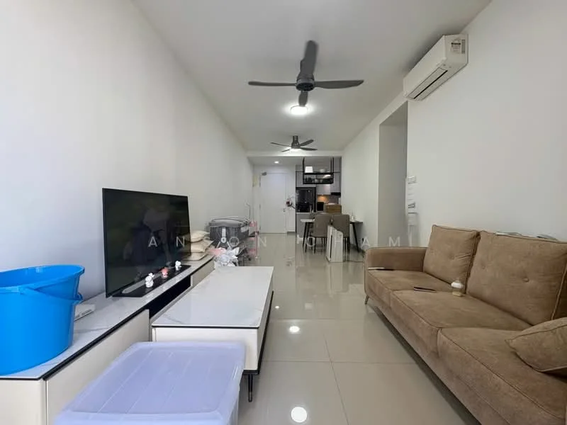Living features: cream painted walls, glossy tile flooring, 3-seater fabric sofa in beige, wall-mounted TV, TV console, ceiling fan, recessed LED downlights, air conditioning unit, coffee table, decorative items on console; style: modern.